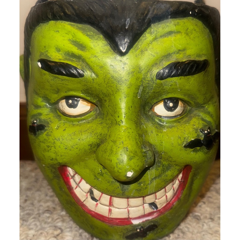 Vintage Style Green Monster Halloween Candy Bucket Wire Handle Bat Accents 6.5in